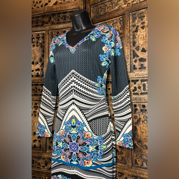 Fire Los Angeles Bodycon Midi Dress Size Small V-Neck Long Sleeve Stretch - Picture 4 of 16